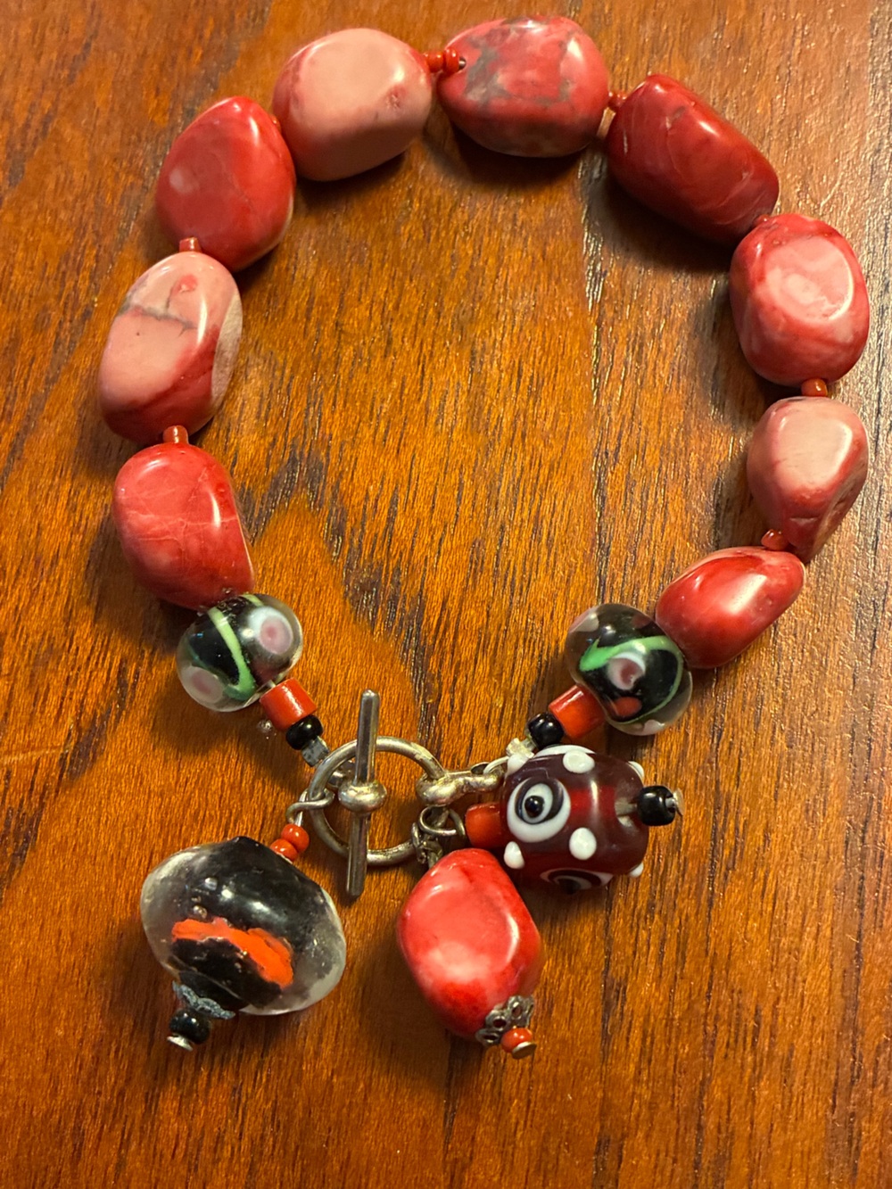 Red Beaded Stone and Vintage Glass Charm Bracelet w Evil Eye- Women's